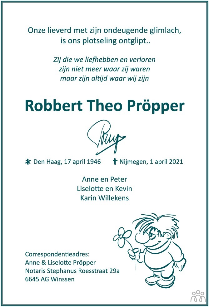 Overlijdensbericht van Robbert Theo  Pröpper in de Gelderlander