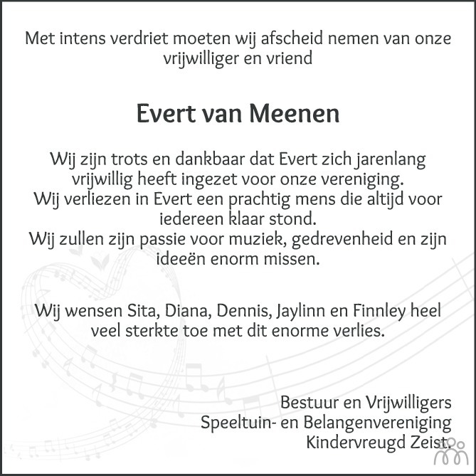 Overlijdensbericht van Evert van Meenen in De Nieuwsbode