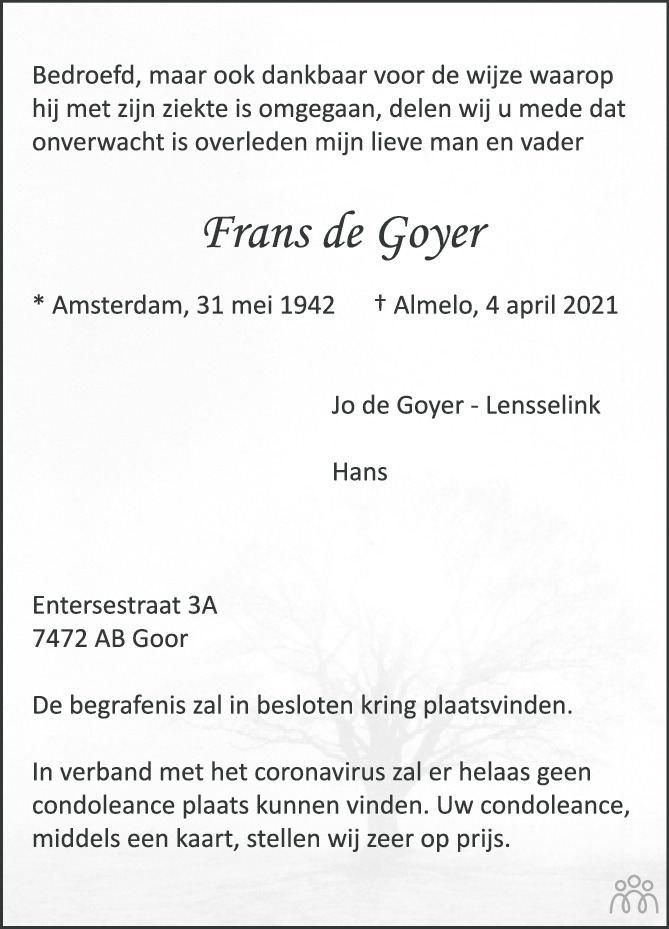 Overlijdensbericht van Frans de Goyer in Tubantia