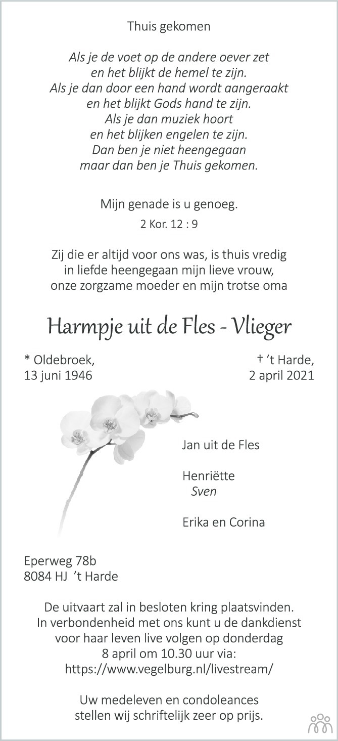Overlijdensbericht van Harmpje uit de Fles-Vlieger in de Stentor
