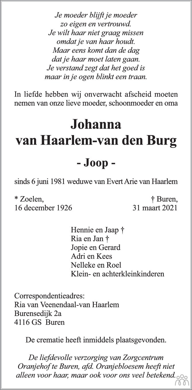 Overlijdensbericht van Johanna (Joop) van Haarlem-van den Burg in Zakengids Combinatie