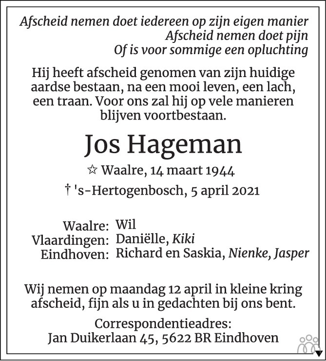 Overlijdensbericht van Jos Hageman in Eindhovens Dagblad