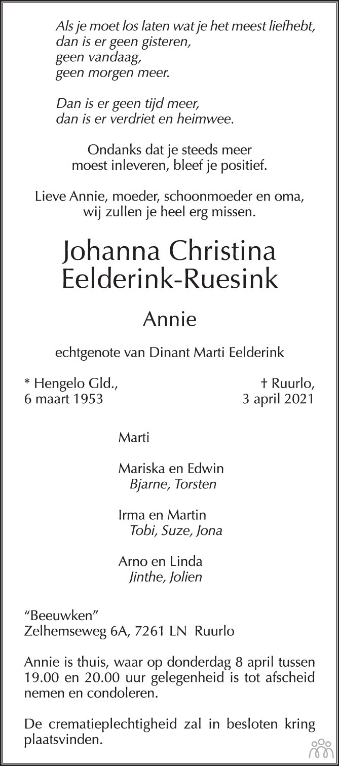 Overlijdensbericht van Johanna Christina (Annie) Eelderink-Ruesink in de Stentor