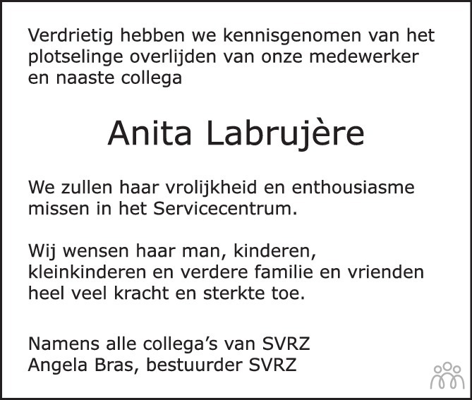 Overlijdensbericht van Anita Labrujère in PZC Provinciale Zeeuwse Courant