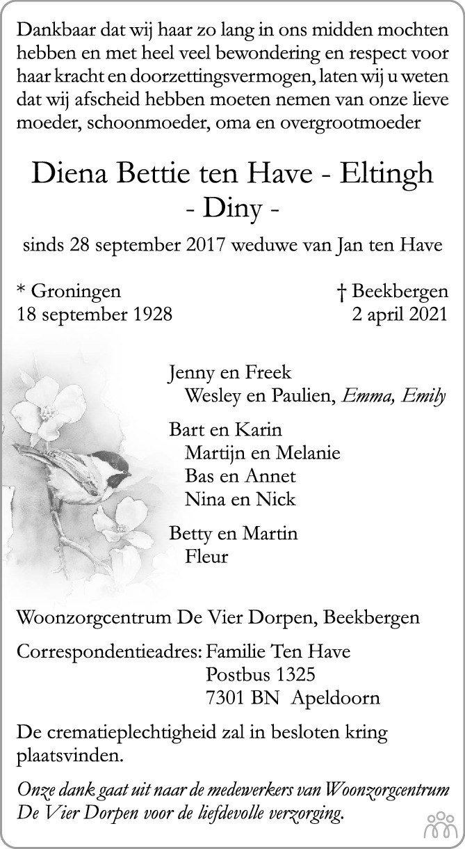 Overlijdensbericht van Diena Bettie (Diny) ten Have-Eltingh in de Stentor