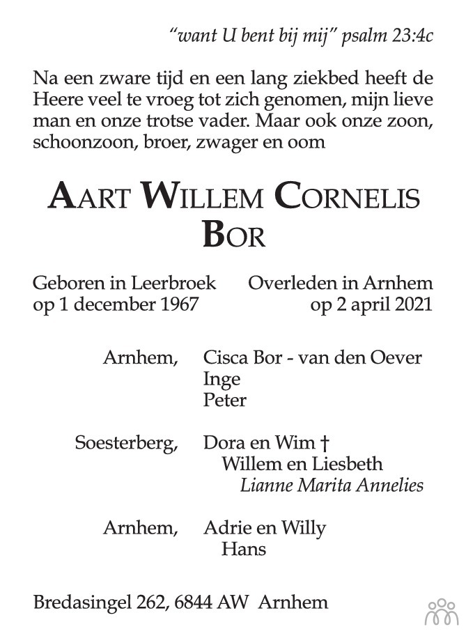 Overlijdensbericht van Aart Willem Cornelis Bor in de Gelderlander