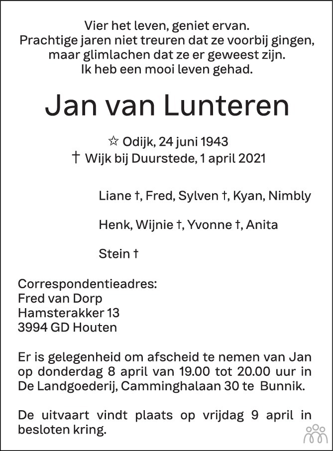 Overlijdensbericht van Jan van Lunteren in AD Algemeen Dagblad
