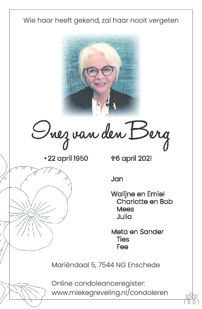 Overlijdensbericht van Inez van den Berg in Tubantia