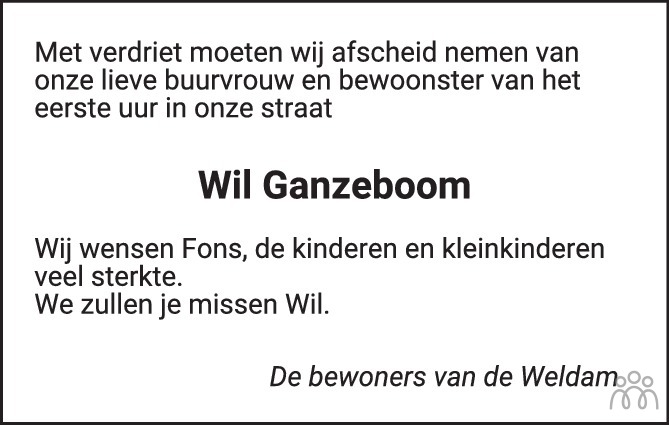 Overlijdensbericht van Will (Wilhelmina Augustina Maria) Ganzeboom-Exterkate in Eindhovens Dagblad