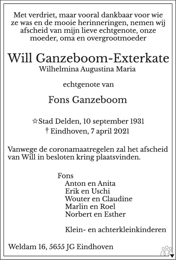 Overlijdensbericht van Will (Wilhelmina Augustina Maria) Ganzeboom-Exterkate in Tubantia