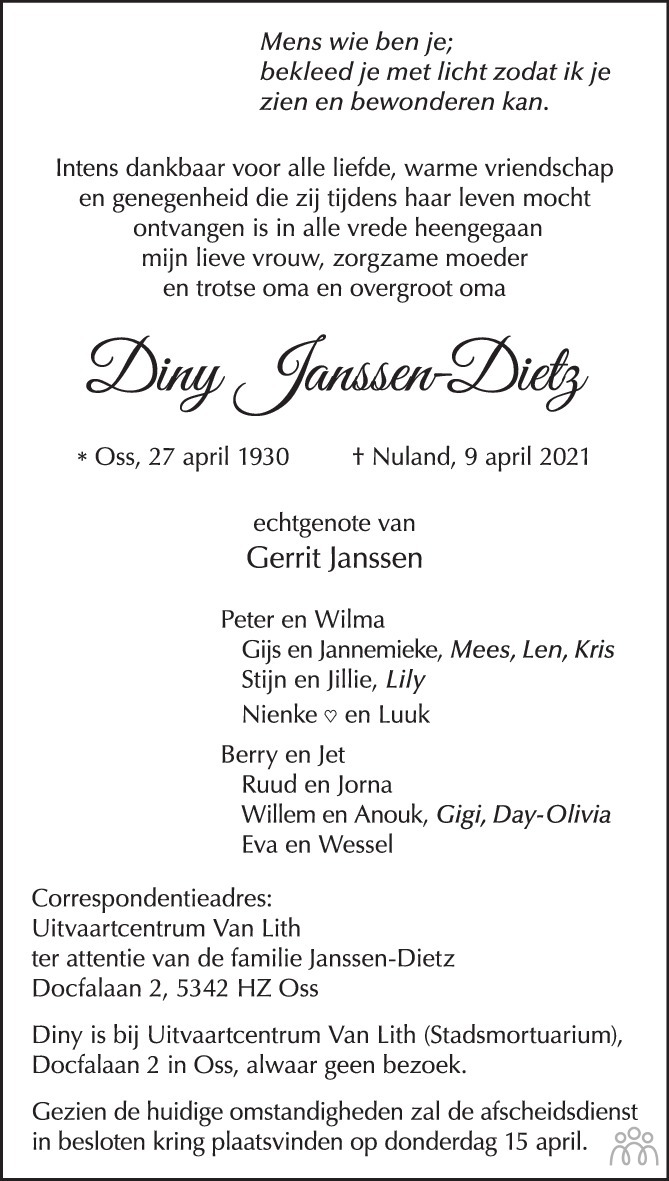 Overlijdensbericht van Diny Janssen-Dietz in Brabants Dagblad
