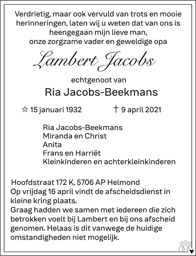 Overlijdensbericht van Lambert  Jacobs in Eindhovens Dagblad