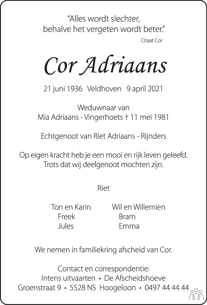 Overlijdensbericht van Cor  Adriaans in Eindhovens Dagblad