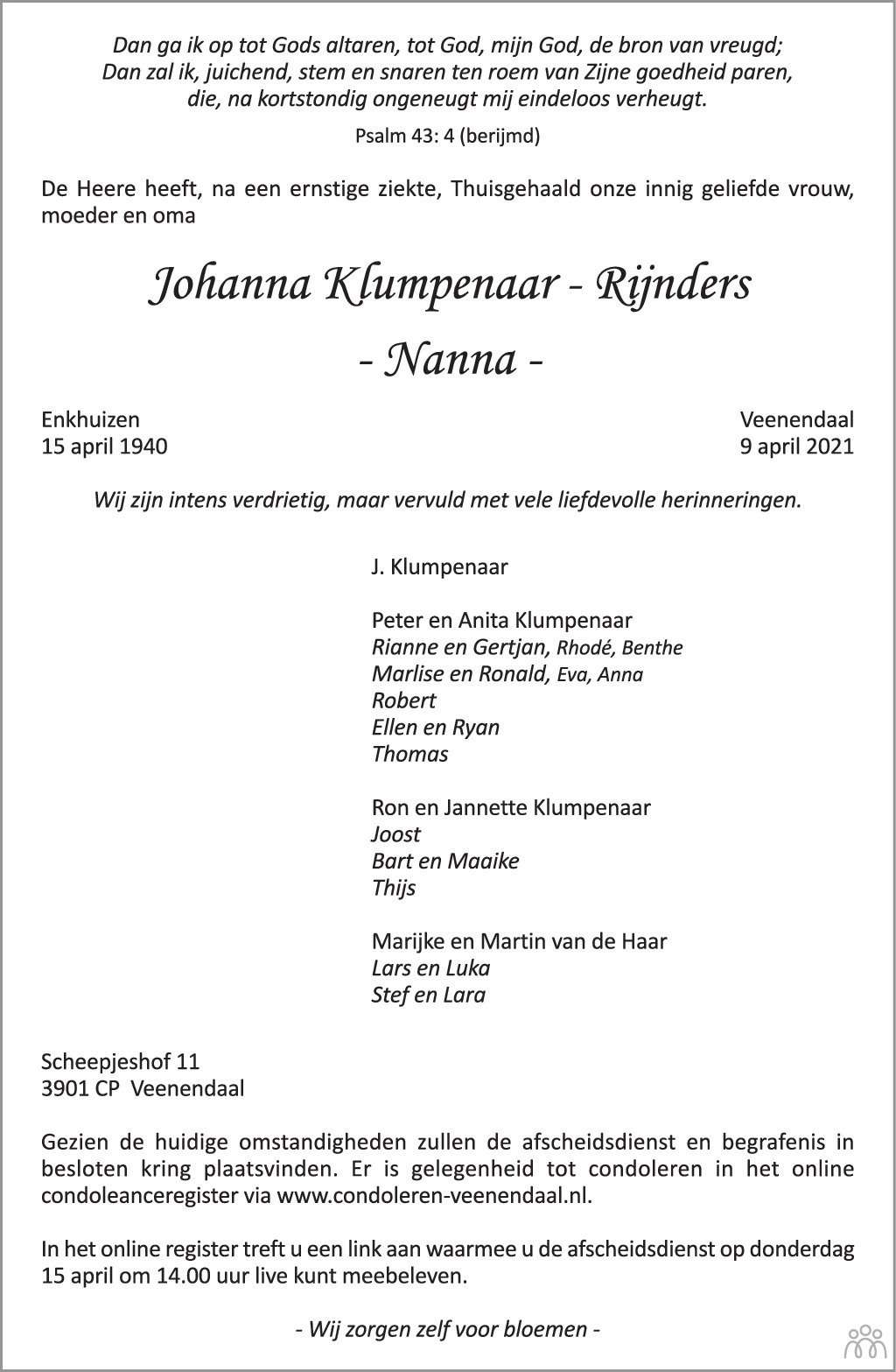 Overlijdensbericht van Johanna (Nanna) Klumpenaar-Rijnders in de Rijnpost