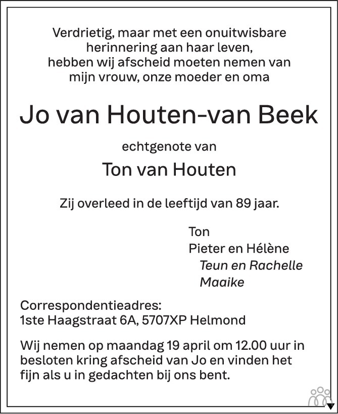 Overlijdensbericht van Jo van Houten-van Beek in Eindhovens Dagblad