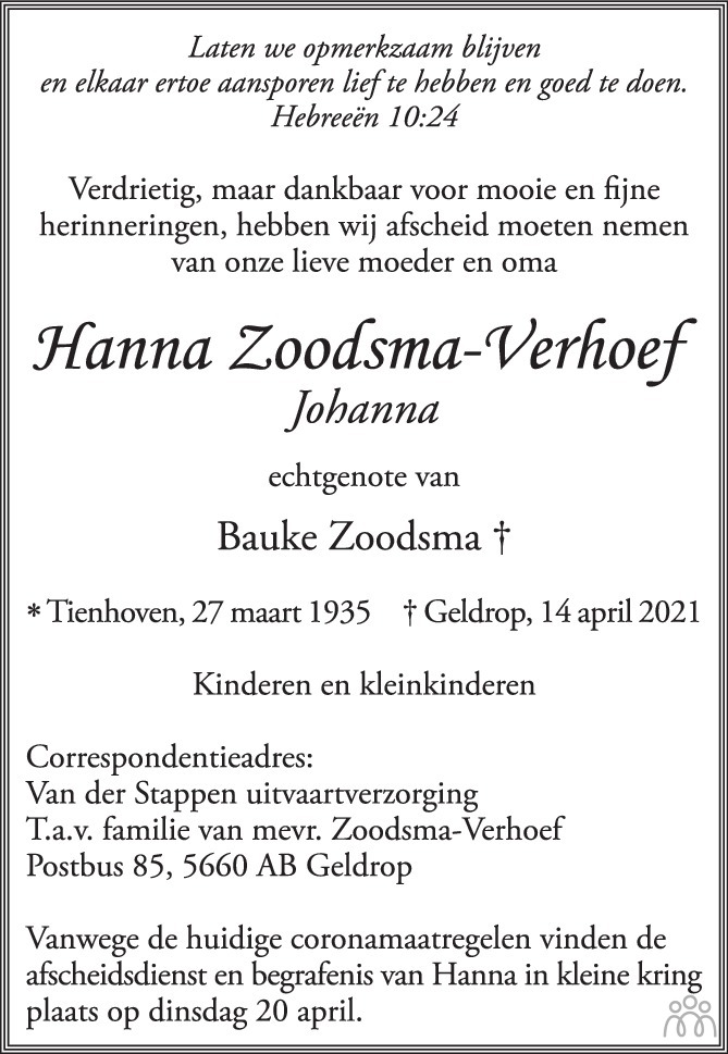 Overlijdensbericht van Hanna (Johanna) Zoodsma-Verhoef in Trouw