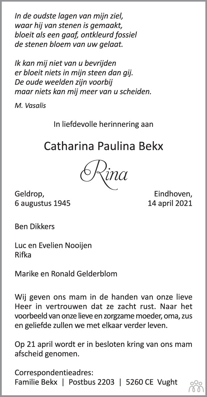 Overlijdensbericht van Catharina Paulina (Rina)  Bekx in Eindhovens Dagblad
