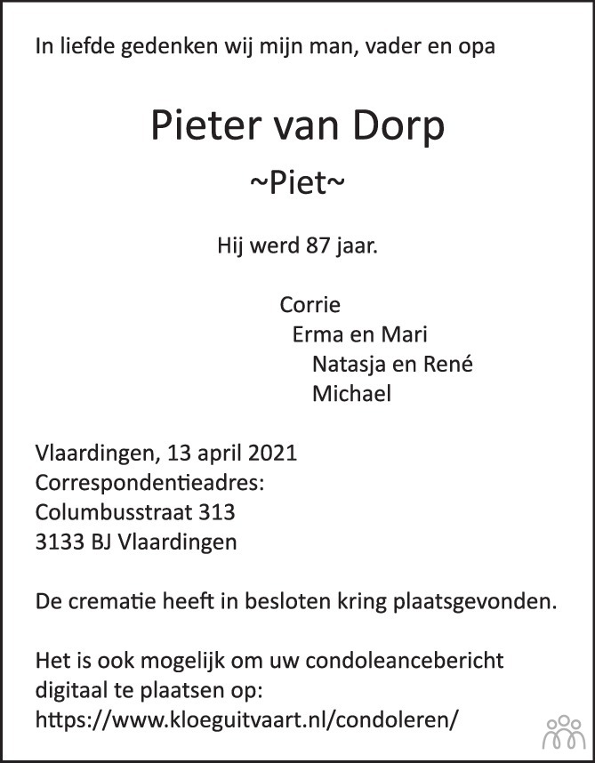 Pieter Piet Van Dorp Overlijdensbericht En Condoleances