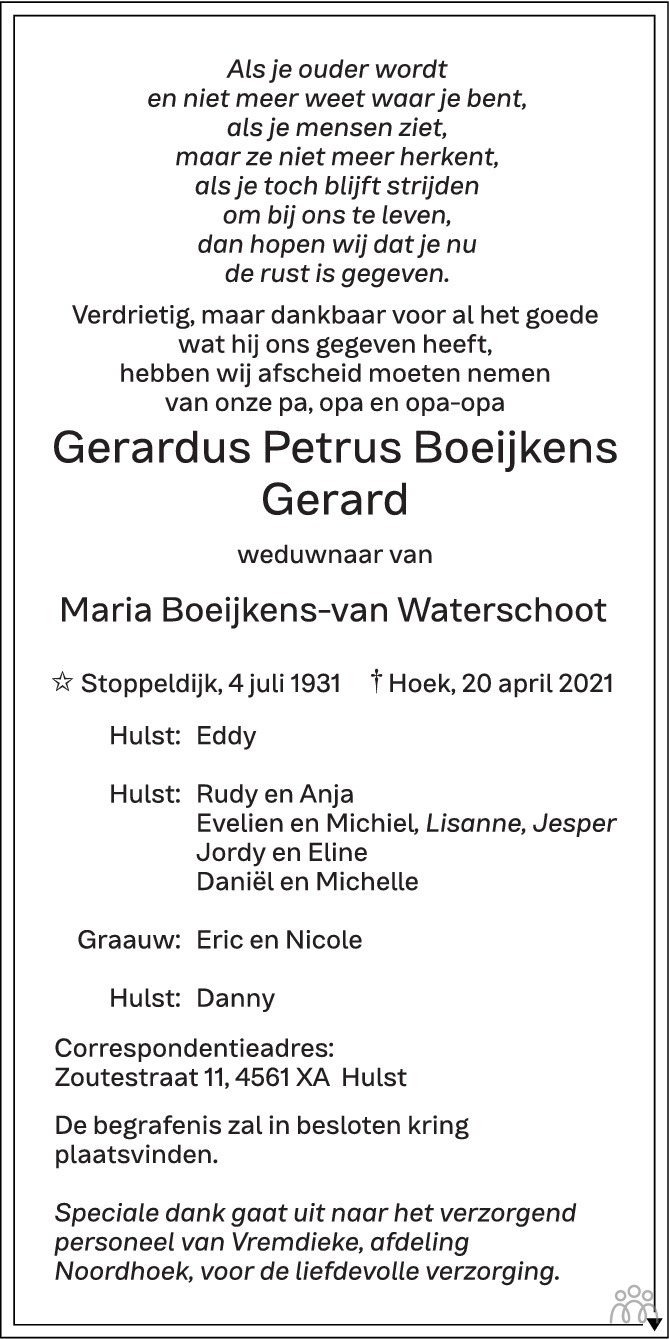 Overlijdensbericht van Gerardus Petrus (Gerard) Boeijkens in PZC Provinciale Zeeuwse Courant