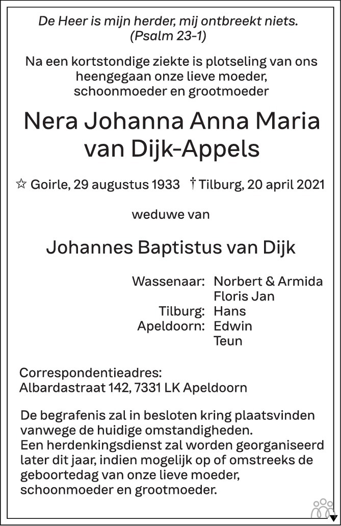 Overlijdensbericht van Nera Johanna Anna Maria van Dijk-Appels in Brabants Dagblad