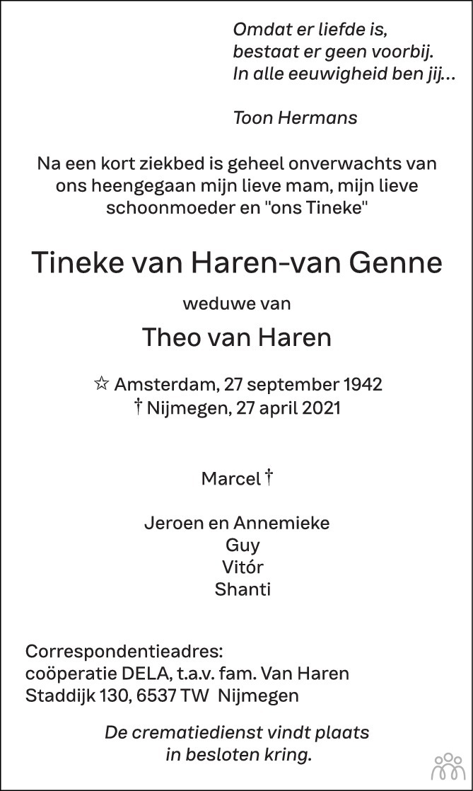 Overlijdensbericht van Tineke van Haren-van Genne in de Gelderlander