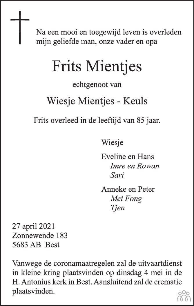 Overlijdensbericht van Frits Mientjes in Eindhovens Dagblad