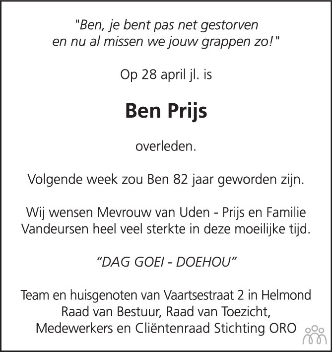 Psychiatrie Voorwaardelijk Onderscheppen Ben Prijs ✝ 28-04-2021 overlijdensbericht en condoleances - Mensenlinq.nl
