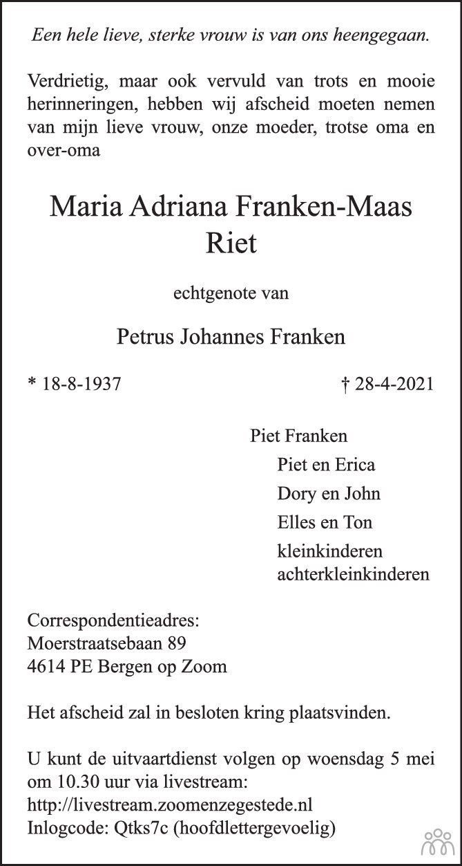 Overlijdensbericht van Maria Adriana (Riet) Franken-Maas in BN DeStem