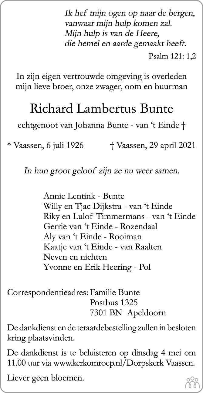 Overlijdensbericht van Richard Lambertus Bunte in de Stentor