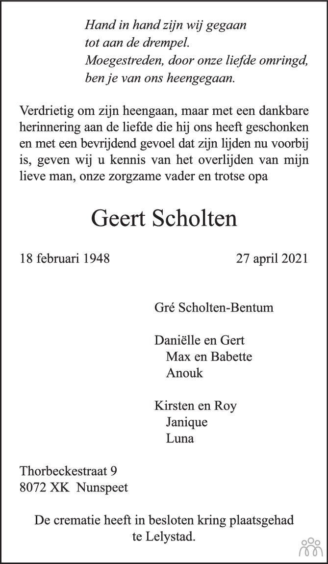 Geert Scholten 27-04-2021 overlijdensbericht en condoleances ...