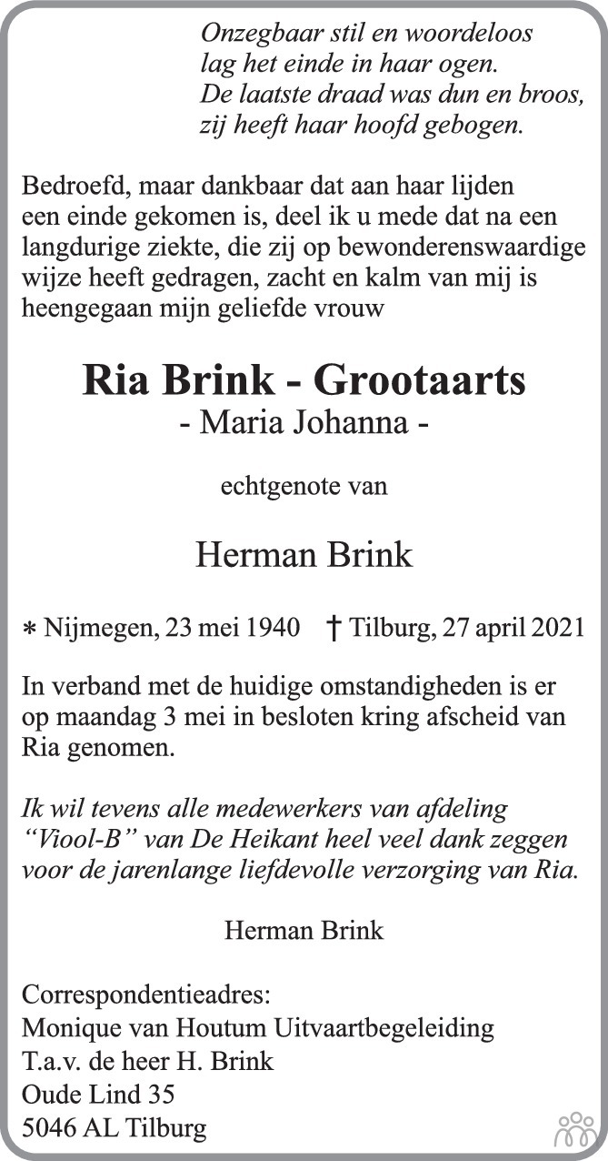 Overlijdensbericht van Ria (Maria Johanna) Brink-Grootaarts in Brabants Dagblad