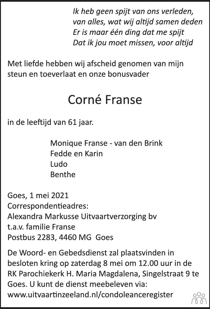 Overlijdensbericht van Corné Franse in PZC Provinciale Zeeuwse Courant