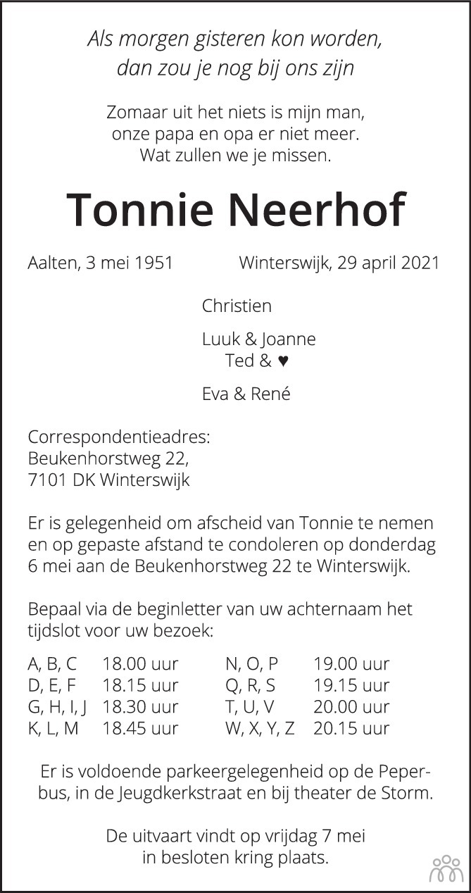Tonnie Neerhof 29 04 21 Overlijdensbericht En Condoleances Mensenlinq Nl
