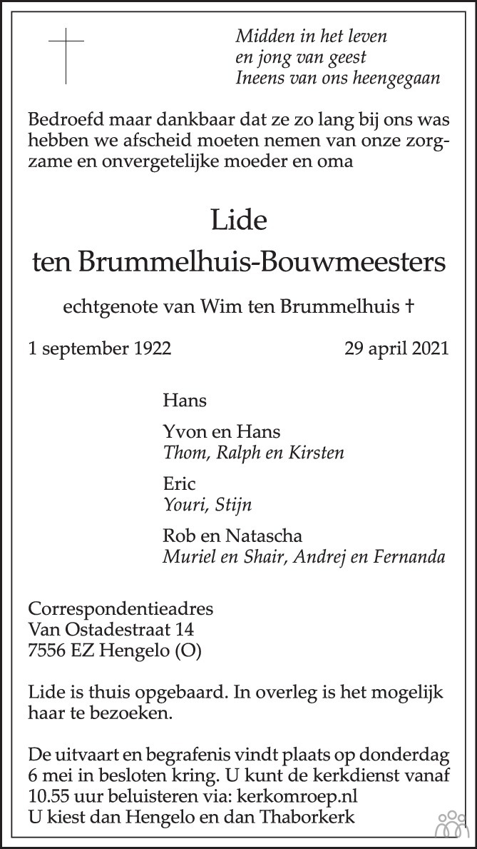 Overlijdensbericht van Lide ten Brummelhuis-Bouwmeesters in Tubantia