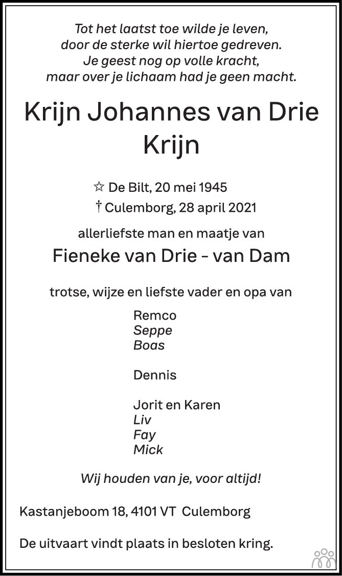 Overlijdensbericht van Krijn Johannes van Drie in Zakengids Combinatie