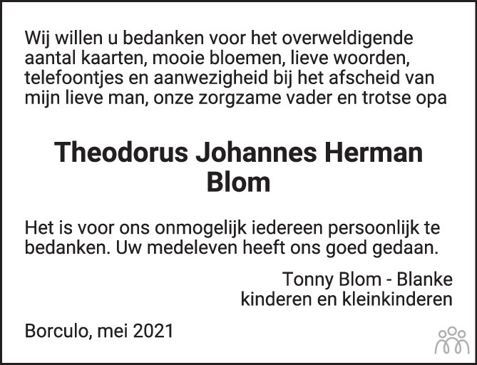 Theodorus Johannes Herman Blom 05042021 overlijdensbericht en