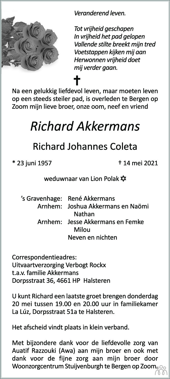 Overlijdensbericht van Richard (Richard Johannes Coleta)  Akkermans in BN DeStem