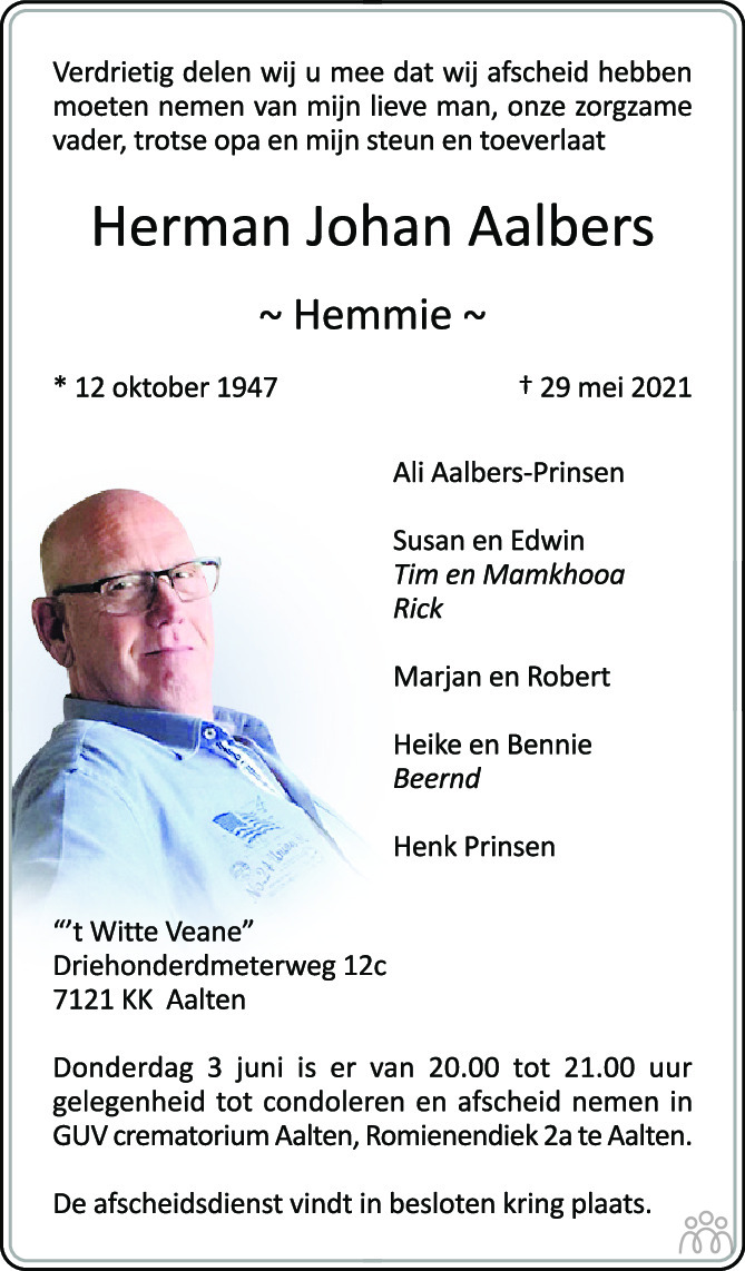 Overlijdensbericht van Herman Johan (Hemmie) Aalbers in de Gelderlander