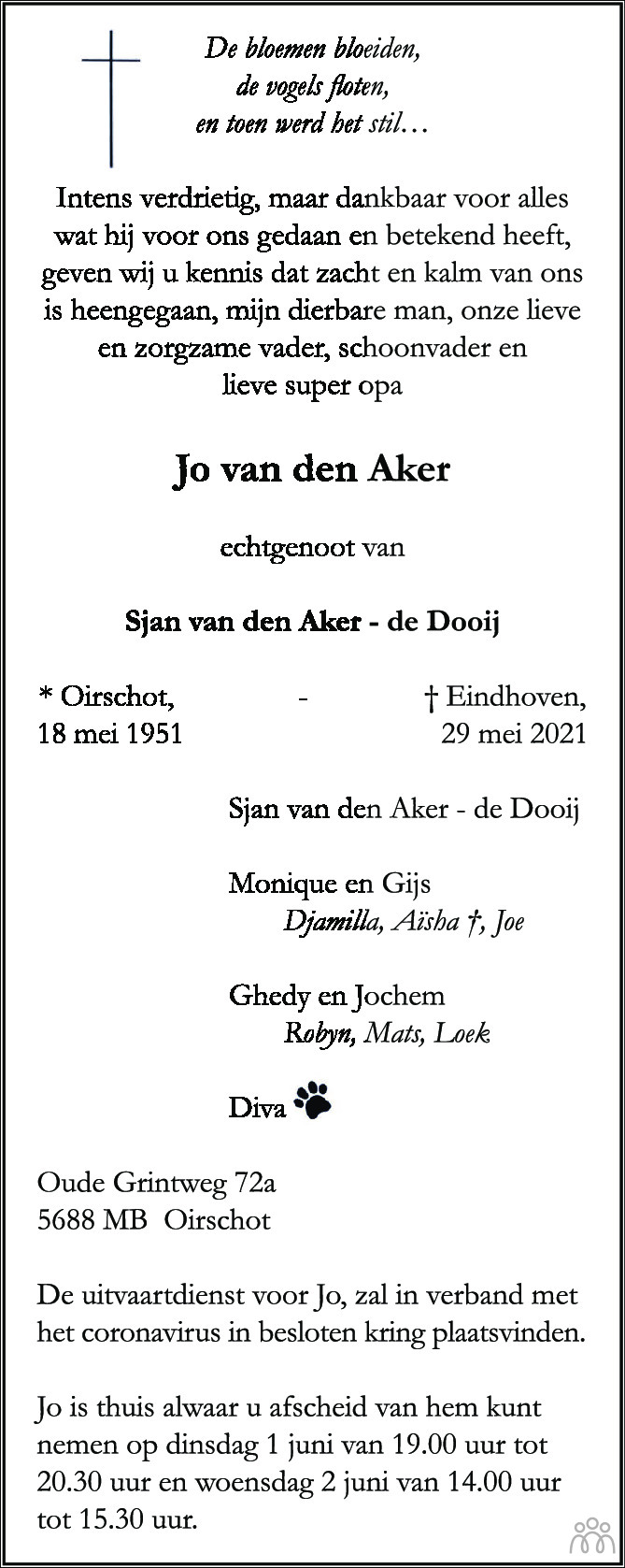 Overlijdensbericht van Jo van den Aker in Eindhovens Dagblad