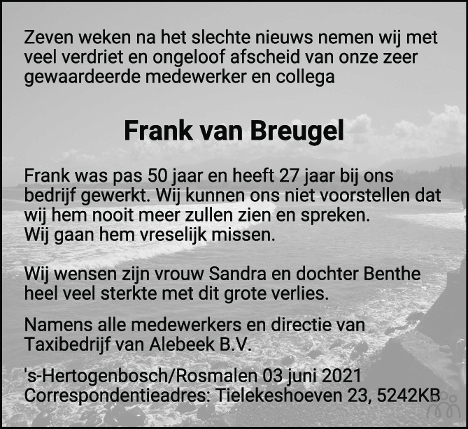 Overlijdensbericht van Frank van Breugel in Brabants Dagblad