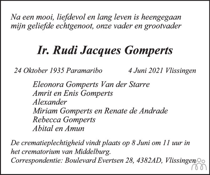 Overlijdensbericht van Ir. Rudi Jacques Gomperts in PZC Provinciale Zeeuwse Courant