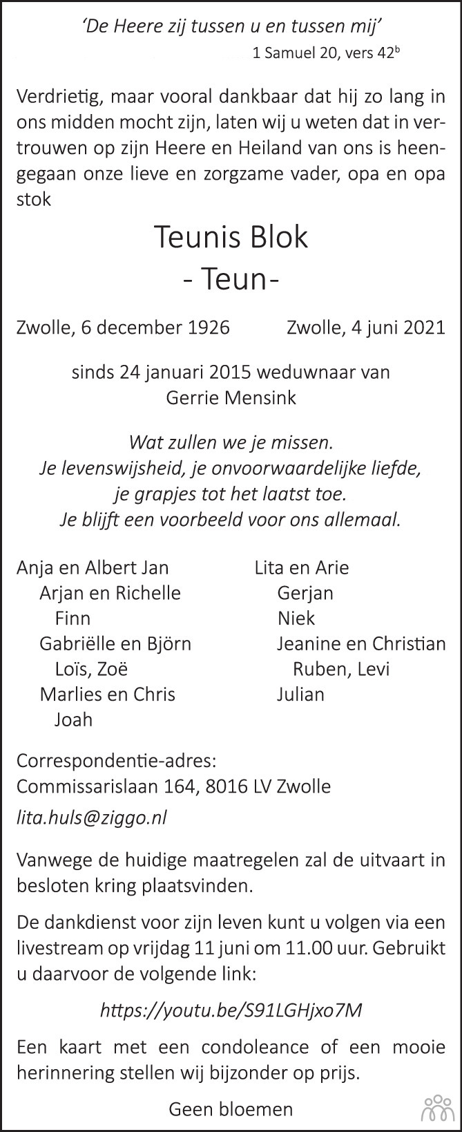 Overlijdensbericht van Teunis (Teun) Blok in de Stentor