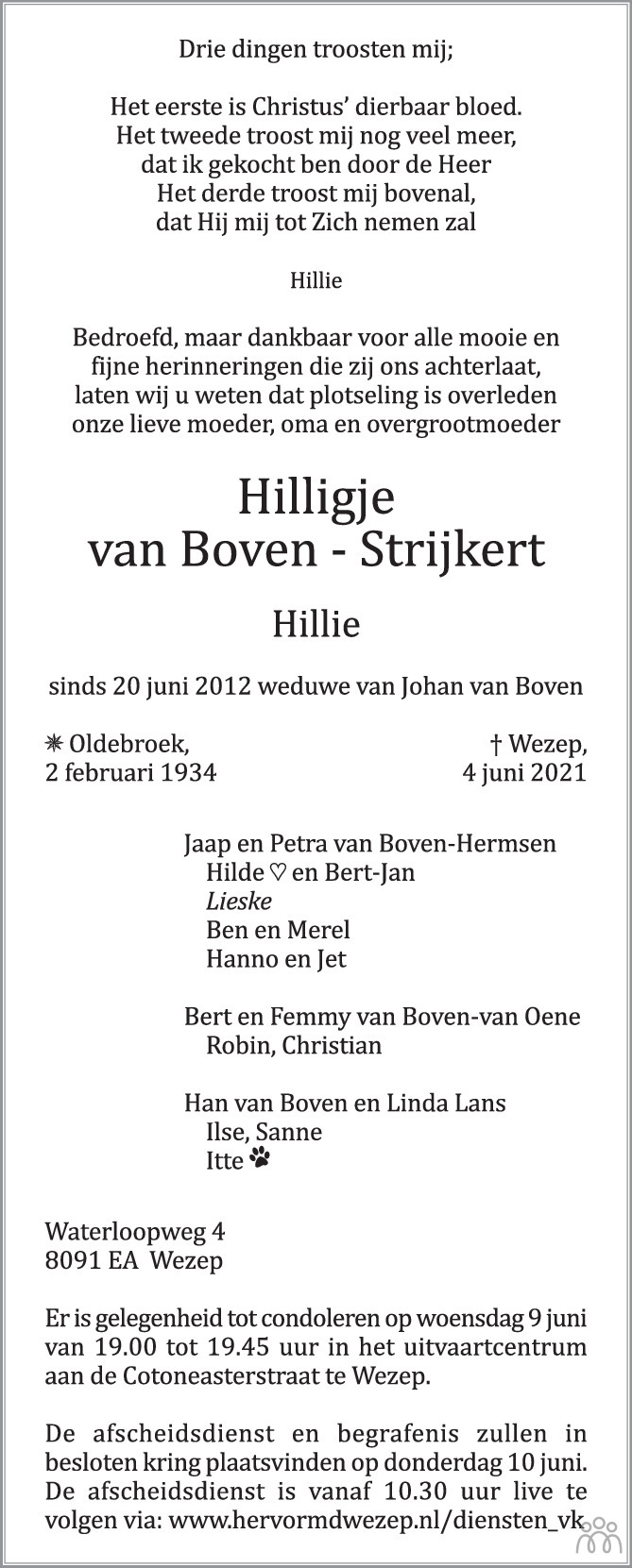 Overlijdensbericht van Hilligje (Hillie) van Boven-Strijkert in Huis aan Huis Elburg Oldebroek Nunspeet