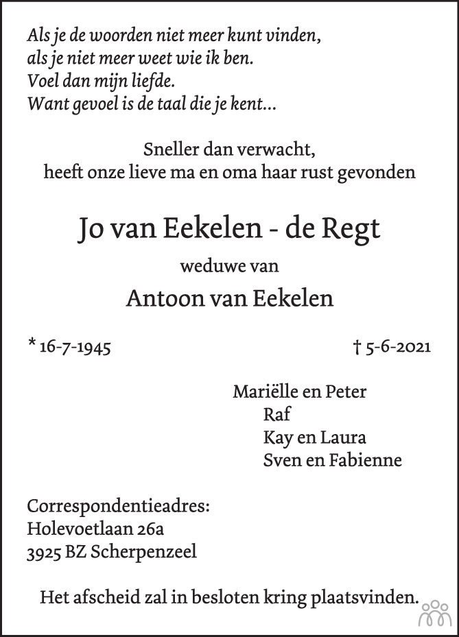 Overlijdensbericht van Jo van Eekelen-de Regt in BN DeStem