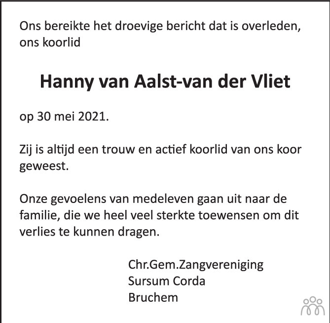 Overlijdensbericht van Hanny van Aalst-van der Vliet in De Toren / Carillon
