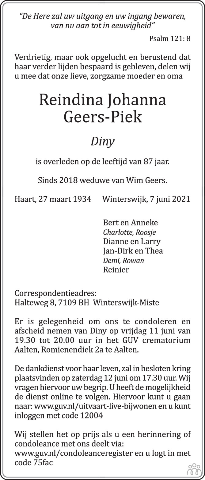 Overlijdensbericht van Reindina Johanna (Diny) Geers-Piek in de Gelderlander