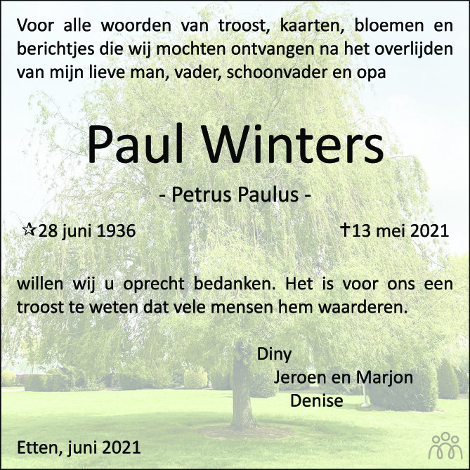 Paul Winters 13052021 overlijdensbericht en condoleances Mensenlinq.nl