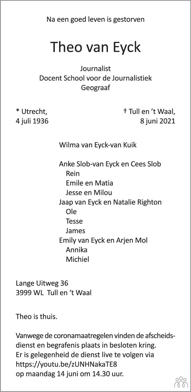 Overlijdensbericht van Theo van Eyck in de Volkskrant