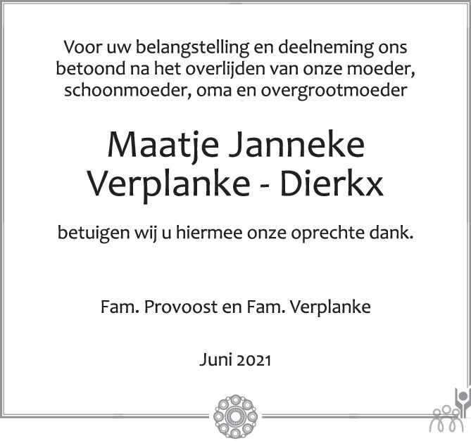 Overlijdensbericht van Maatje Janneke Verplanke-Dierkx in PZC Provinciale Zeeuwse Courant