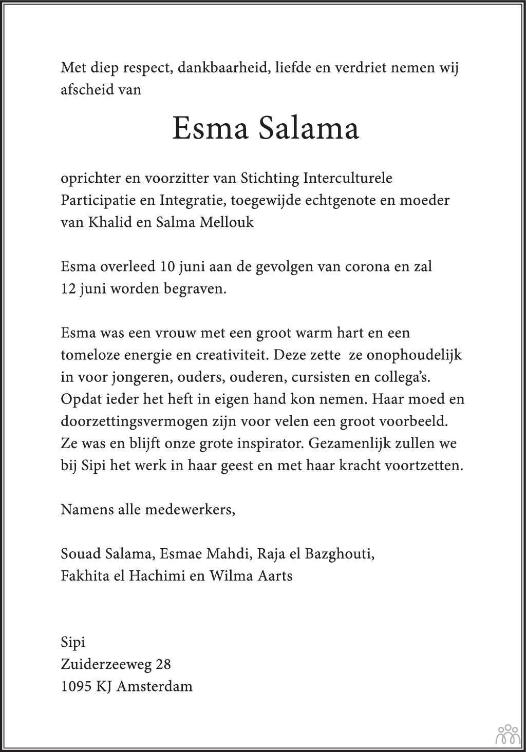 Overlijdensbericht van Esma Salama in Het Parool